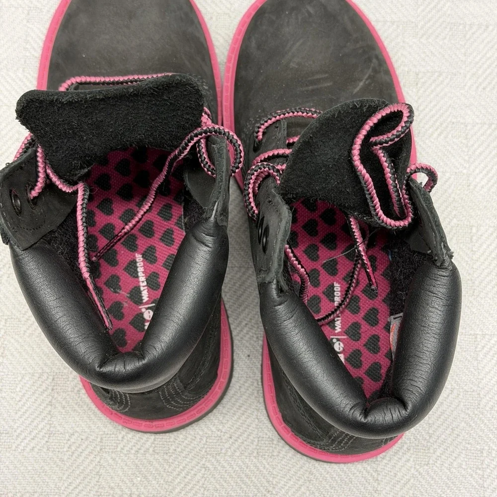 Timberland Combat Boots Girls Size 12 Black Pink Waterproof Nubuck‎ Hearts A15M9